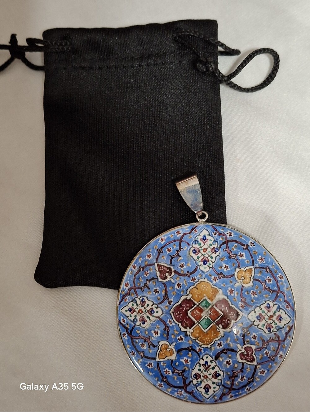 Persian enamel painted large silver medallion pendant